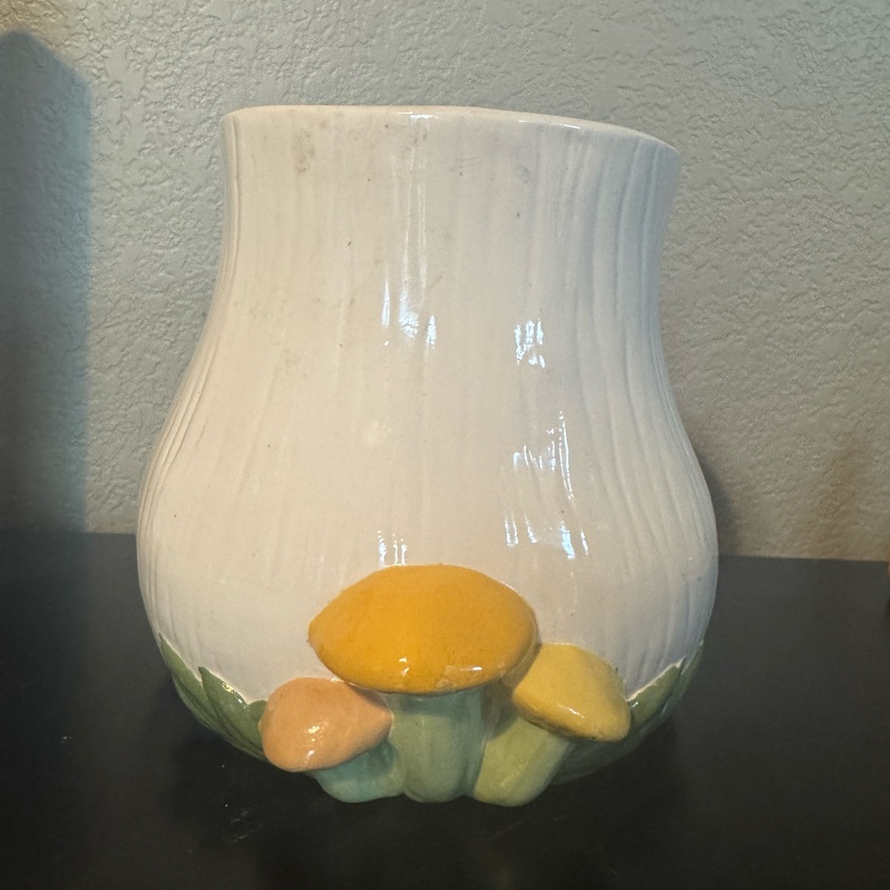 White Ceramic Vase with Mushroom Design